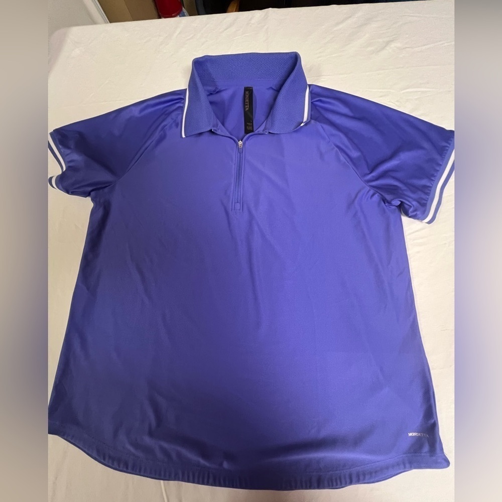 MONDETTA WOMEN’S ACTIVE 1/4 ZIP SHORT SLEEVE MESH POLO SHIRT. SIZE LARGE PURPLE
